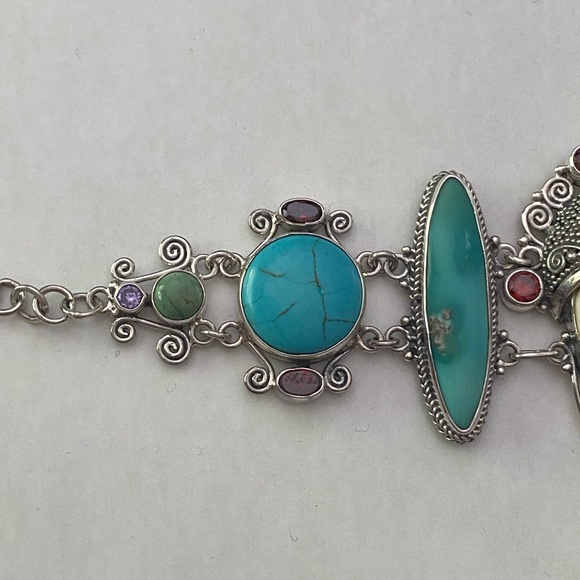 Sterling Silver Moon Goddess Carved Face Bracelet Garnet Turquoise!!!! - Picture 5 of 6